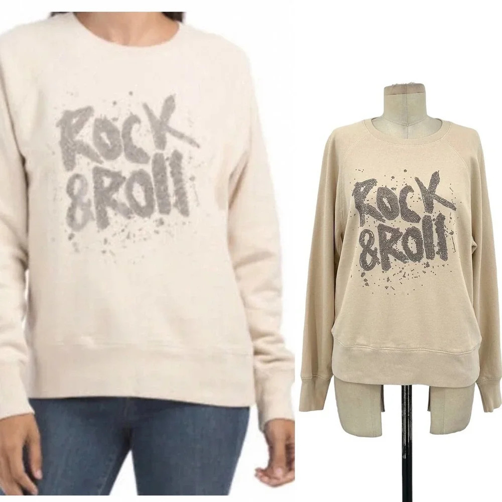 Zadig & Voltaire Top Upper Rock and Roll Strass Pullover Sweatshirt Cream Small